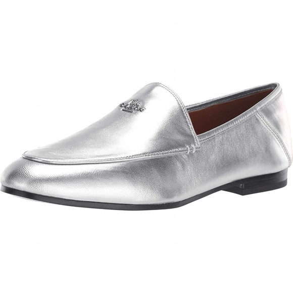 COACH HALLIE SILVER METALLIC LEATHER FLAT HEEL LOAFERS Logo Fashion Shoes 9.5 - Picture 2 of 11